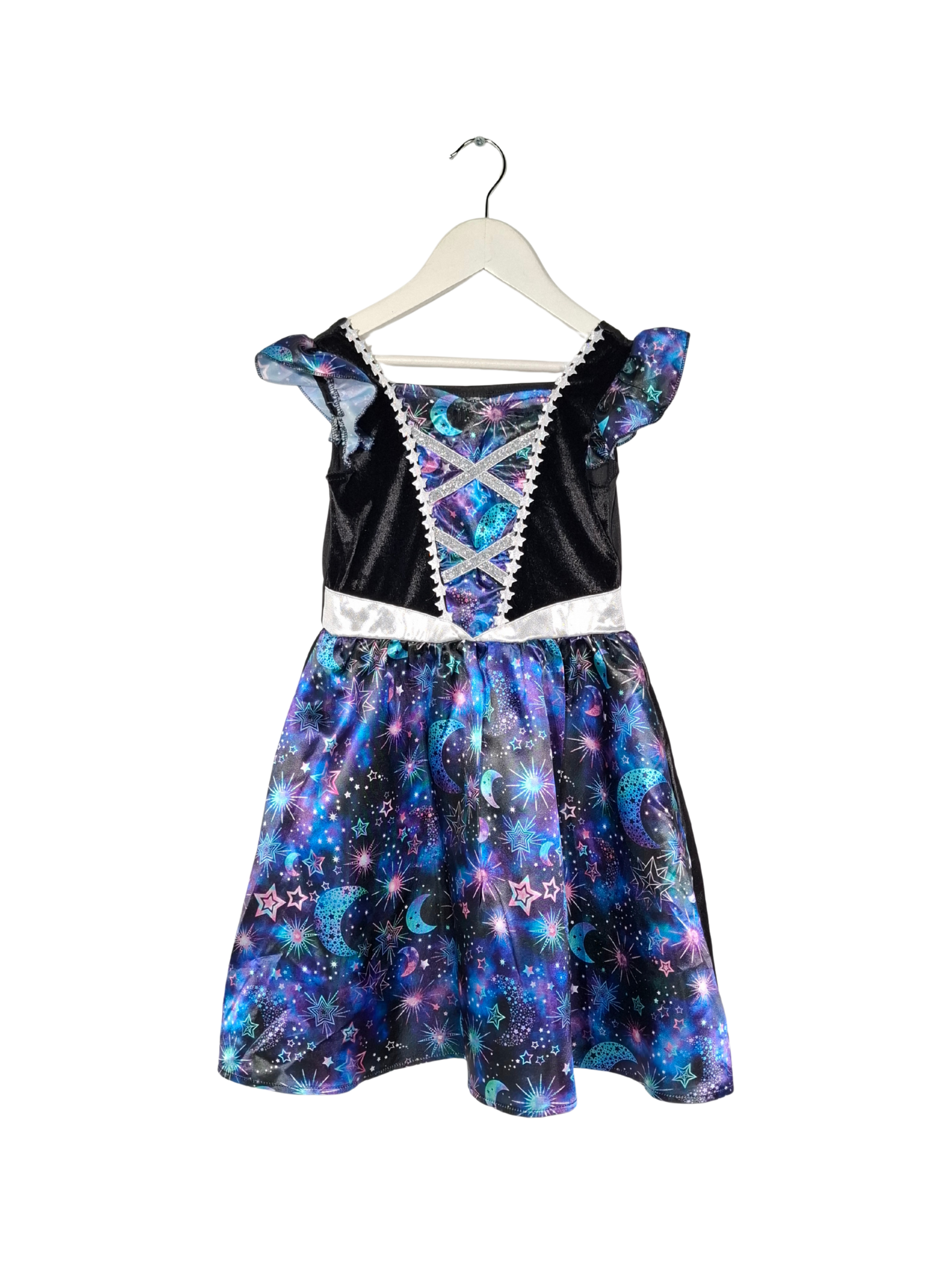 Juoda raštuota vaikiška suknelė, 5-6m.