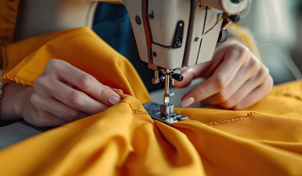 Female seamstress sewing yellow fabric on modern machine for upholstery repair and DIY projects Handmade hobby and small business