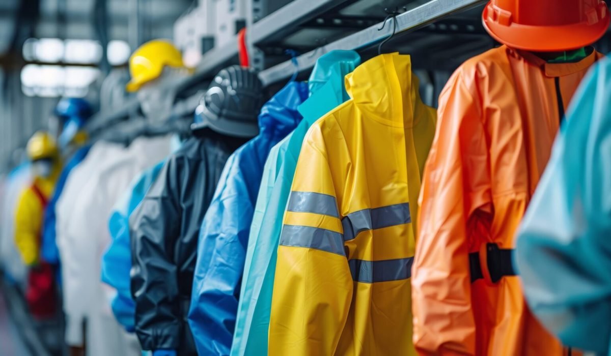 A row of protective clothing hanging on a rack in a factory setting.